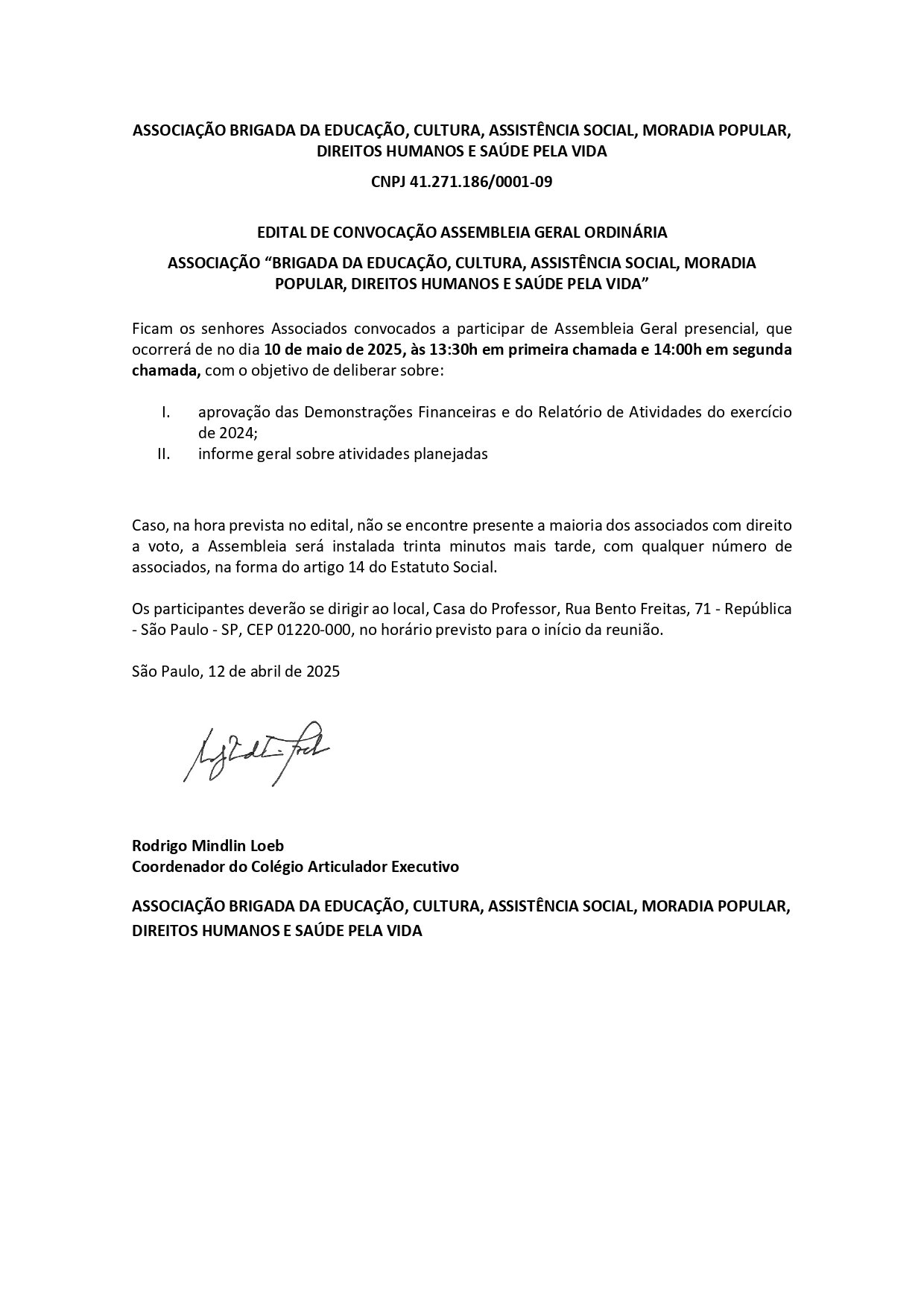 Convocatoria Assembléia Extraordinaria - Brigadas Pela Vida 2024